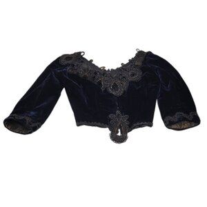 Antique Navy Blue Velvet Dress Top 1800's - 1900's Ornate Detail Lace Bead Trim